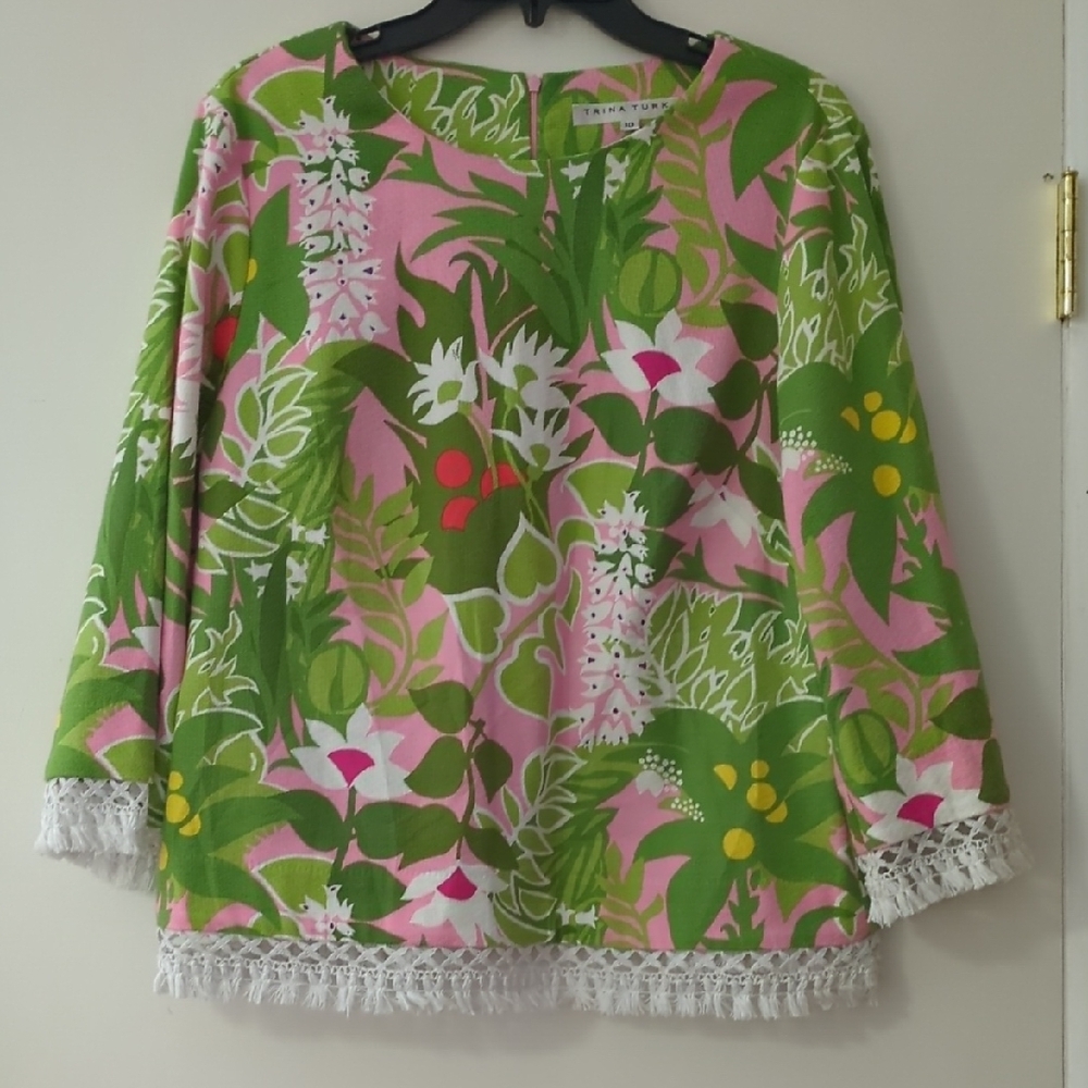 Trina Turk Green and Pink Embellished Boxy Blouse